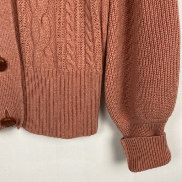 J.Crew S Salmon Cardigan Cable Knit Faux Leather Buttons Lambs Wool - Picture 11 of 14